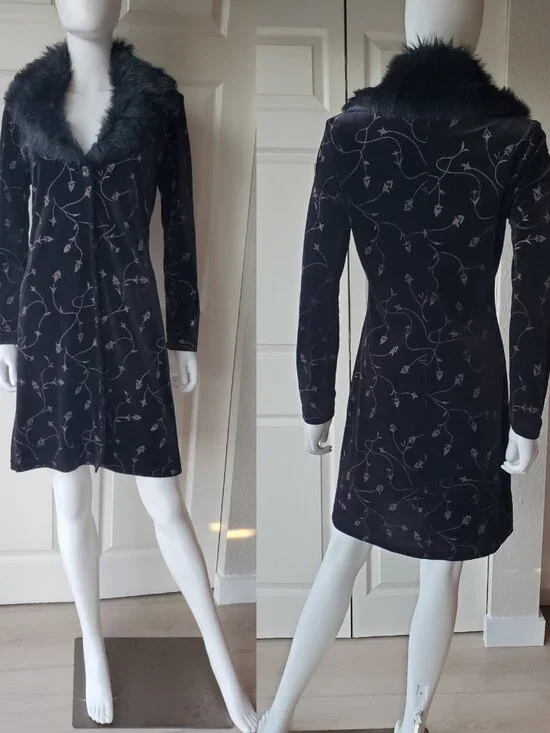 Fredericks Of Hollywood Black Velour Velvet Faux Fur Collar Coat Size Small - Picture 2 of 10